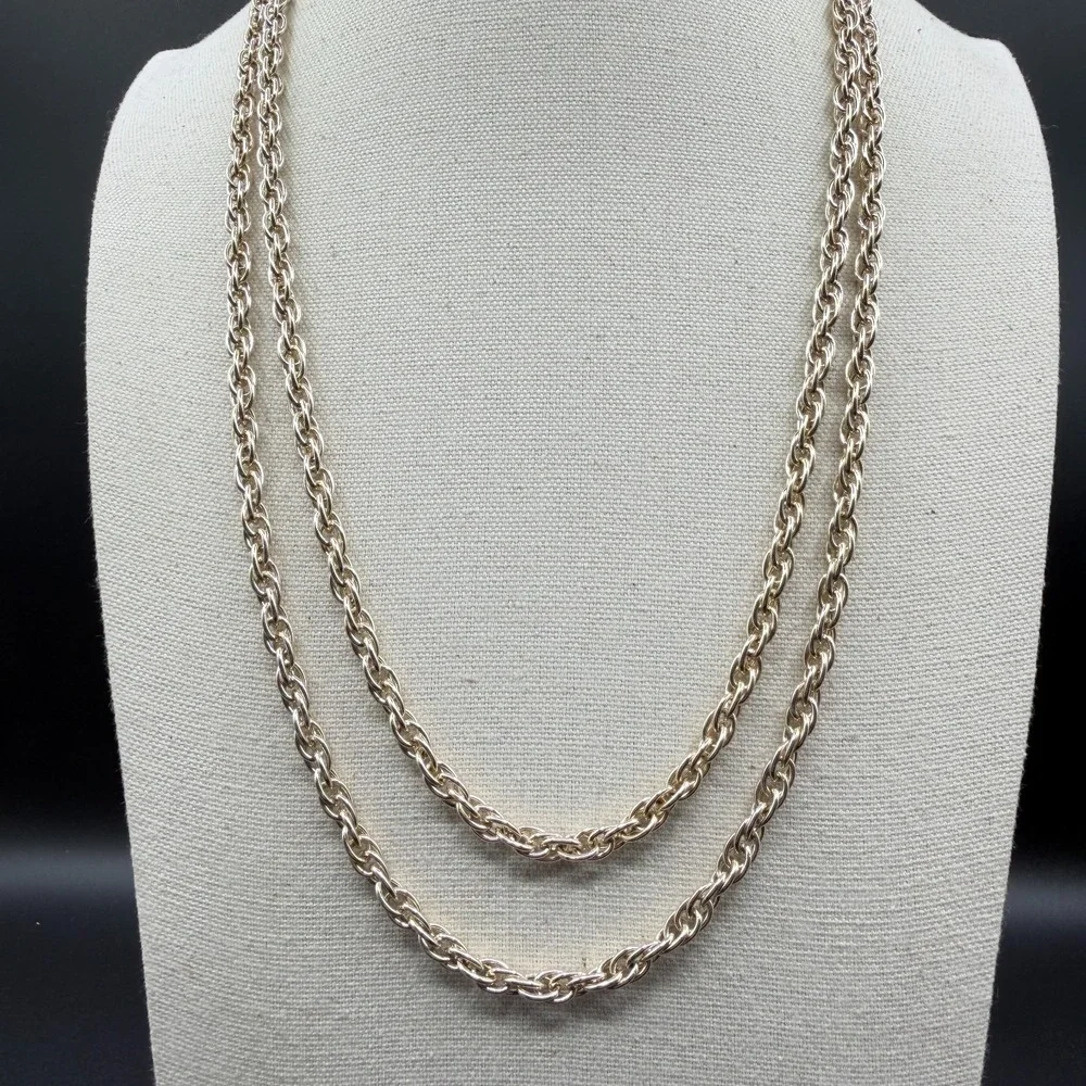 Silver Tone Long Twisted Rope Chain Necklace Layering Statement Costume Jewelry